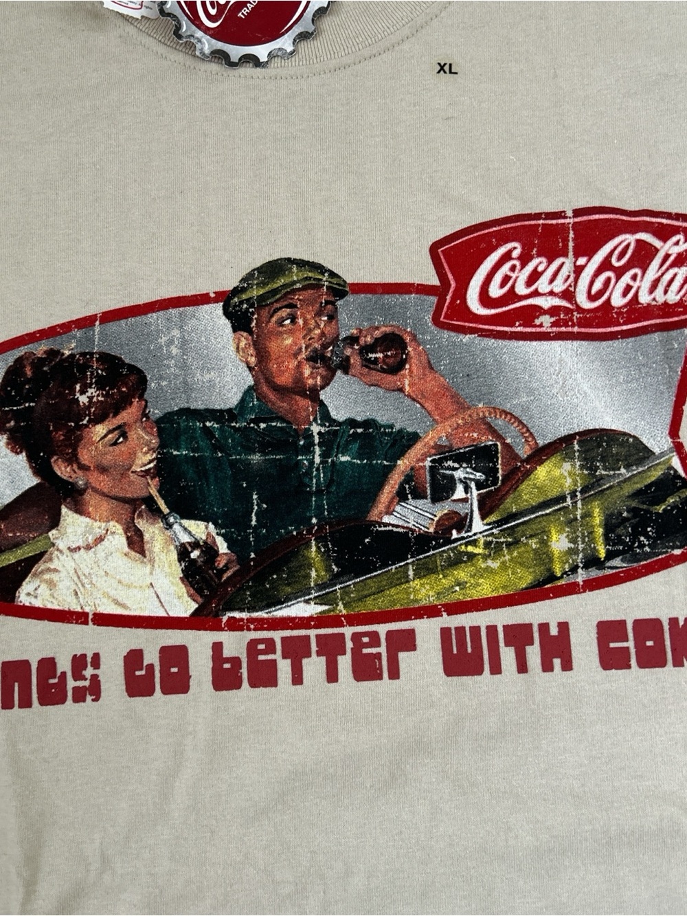 NWT Coca-Cola beige graphic t-shirt featuring a retro Things Go Better With coke